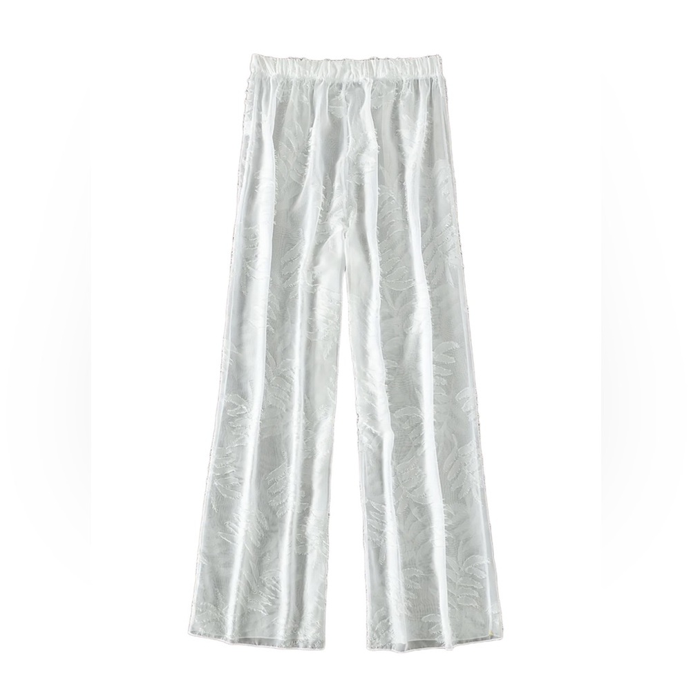 NEW White Semi-Sheer Leaf Cover Up Pants Boho Swim Medium M $108
